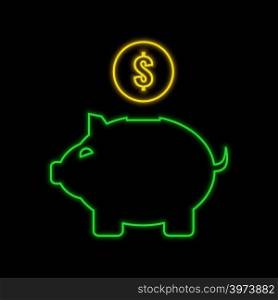 Piggy bank neon sign. Bright glowing symbol on a black background. Neon style icon.
