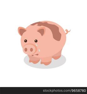 Piggy bank pink round minimalistic sad with a big crack, fracture - crying, upset. On a white background. Piggy bank sad with a big crack, a fault - crying, upset