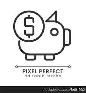 Piggy bank pixel perfect linear icon. Money savings. Business investment. Finance management. Thin line illustration. Contour symbol. Vector outline drawing. Editable stroke. Poppins font used. Piggy bank pixel perfect linear icon