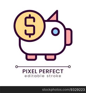 Piggy bank pixel perfect RGB color icon. Money savings. Business investment. Finance management. Isolated vector illustration. Simple filled line drawing. Editable stroke. Poppins font used. Piggy bank pixel perfect RGB color icon