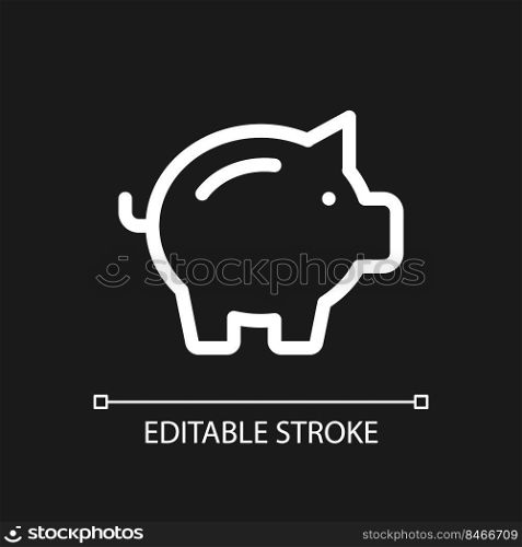 Piggy bank pixel perfect white linear ui icon for dark theme. Money savings. Penny bank. Finance. Vector line pictogram. Isolated user interface symbol for night mode. Editable stroke. Arial font used. Piggy bank pixel perfect white linear ui icon for dark theme