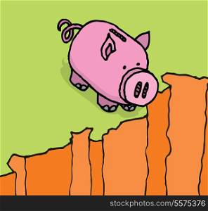 Piggy bank standing at a cliff ledge
