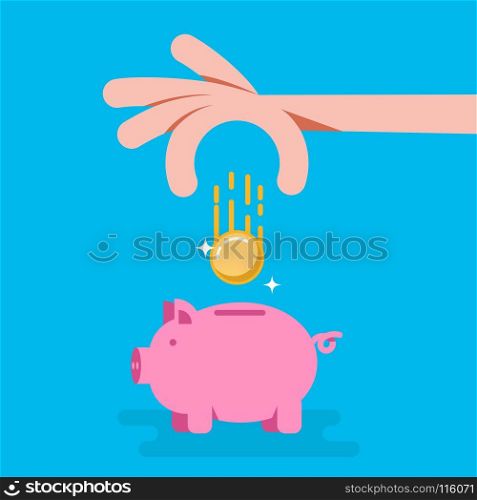 Piggy bank with coin in flat style. Design element for banner, animation. Vector illustration