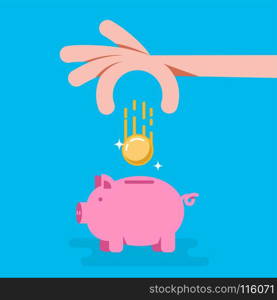 Piggy bank with coin in flat style. Design element for banner, animation. Vector illustration