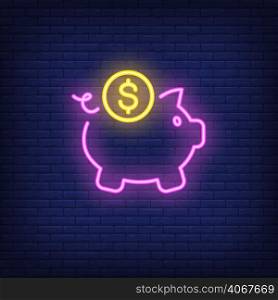 Piggy bank with dollar coin. Neon sign element. Night bright advertisement. Vector illustration for business, finance, saving, money topics