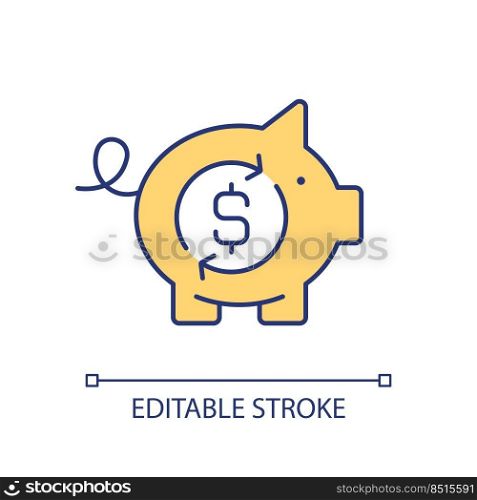 Piggy bank with dollar sign RGB color icon. Prolongation savings plan. Deposit features. Finances. Isolated vector illustration. Simple filled line drawing. Editable stroke. Arial font used. Piggy bank with dollar sign RGB color icon