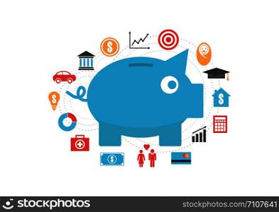 piggy bank with icon, money saving reason, isolated on white background