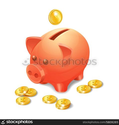 Piggy bank with realistic golden coins isolated on white background vector illustration. Piggy Bank Realistic