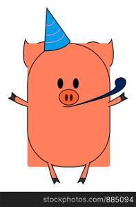 Piggy celebrating birthday, illustration, vector on white background.