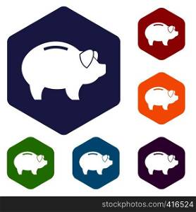 Piggy icons set rhombus in different colors isolated on white background. Piggy icons set