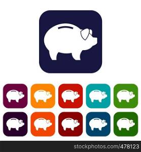 Piggy icons set vector illustration in flat style in colors red, blue, green, and other. Piggy icons set