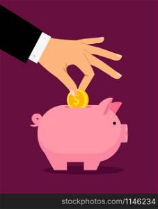 Piggy money box and businessman hand putting money in it, vector illustration. Hand putting money in money box