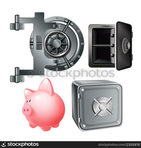 Piggybank And Bank Safe Lock Protect Set Vector. Pig Bank, Opened And Closed Metallic Box For Safe Money And Treasure. Vault Stainless Door Mechanism Template Realistic 3d Illustrations. Piggybank And Bank Safe Lock Protect Set Vector