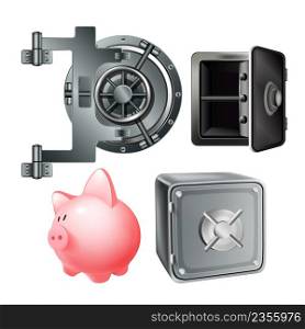 Piggybank And Bank Safe Lock Protect Set Vector. Pig Bank, Opened And Closed Metallic Box For Safe Money And Treasure. Vault Stainless Door Mechanism Template Realistic 3d Illustrations. Piggybank And Bank Safe Lock Protect Set Vector