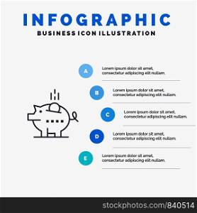 Piggybank, Economy, Piggy, Safe, Savings Line icon with 5 steps presentation infographics Background