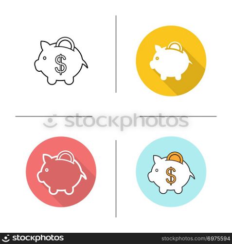 Piggybank icon. Flat design, linear and color styles. Piggy bank with coin. Isolated vector illustrations. Piggybank icon