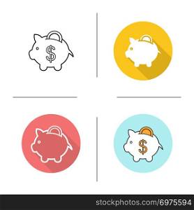 Piggybank icon. Flat design, linear and color styles. Piggy bank with coin. Isolated vector illustrations. Piggybank icon
