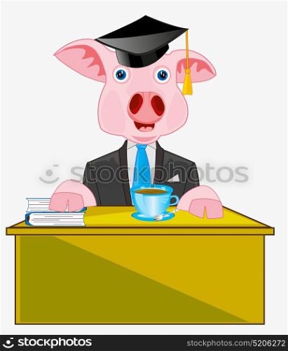 Piglet at the table. Piglet scientist for worker by table cartoon