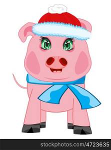 Piglet in hat and scarf. Cartoon to pigs in hat and scarf on white background