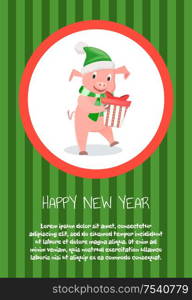 Piglet symbol of New Year with gift box isolated in round frame on striped green. Pig in scarf and hat wishing Merry Christmas vector postcard template. Piglet Symbol of New Year with Gift Box Isolated