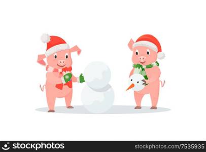 Pigs building snowman, New Year or Christmas. Animals in hats and mittens with scarf, winter holidays and outdoor activity, friendship vector illustration. Pigs Building Snowman, New Year and Christmas