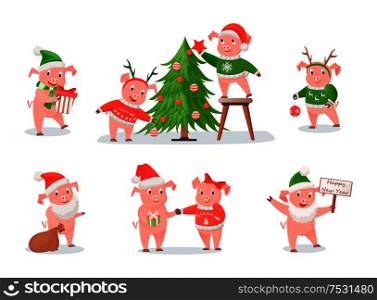 Pigs, zodiac symbol of New Year 2019, Christmas holiday. Piglets in knitwear, hats and sweaters, with gifts and Xmas tree vector illustrations set. Pigs, Zodiac Symbol of New Year 2019, Christmas