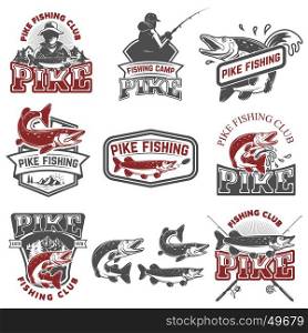 Pike fishing club. Fisherman's icons. Design elements for logo, label, emblem, sign. Vector illustration.