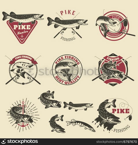 Pike fishing labels. Fishing club, team emblems templates. Vector illustration.