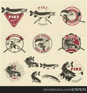 Pike fishing labels. Fishing club, team emblems templates. Vector illustration.