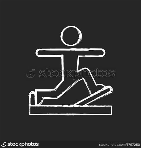 Pilates chalk white icon on dark background. Online fitness self improvement item. Physical and cultural stabilization workout. Movement control way. Isolated vector chalkboard illustration on black. Pilates chalk white icon on dark background.