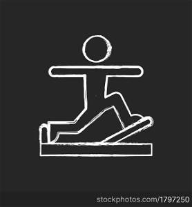 Pilates chalk white icon on dark background. Online fitness self improvement item. Physical and cultural stabilization workout. Movement control way. Isolated vector chalkboard illustration on black. Pilates chalk white icon on dark background.
