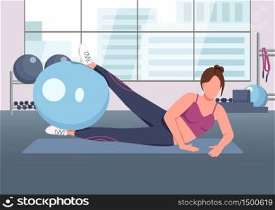 Pilates flat color vector illustration. Fitness instructor, sportswoman working out with swiss ball 2D cartoon character with gym on background. Fitness center training, physical exercise. Pilates flat color vector illustration