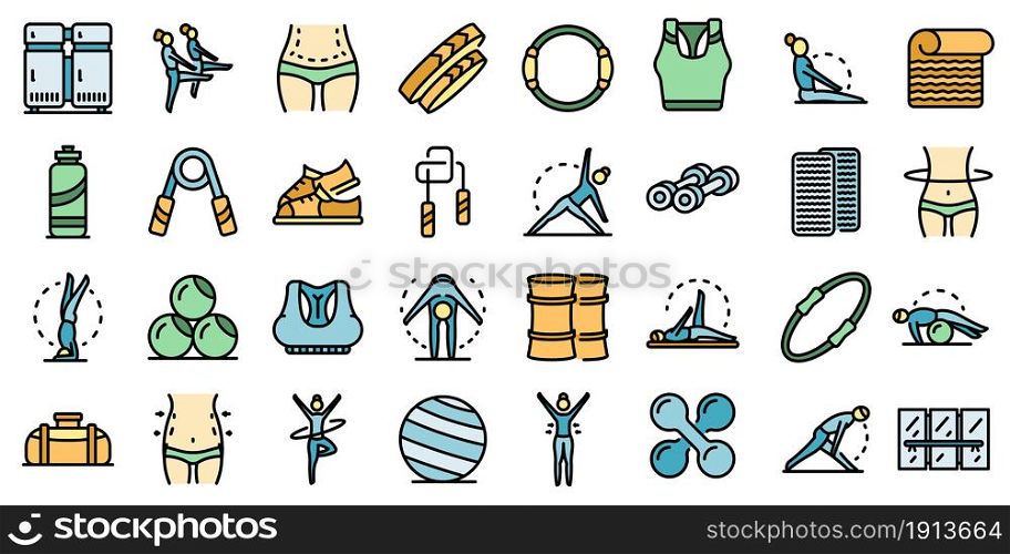 Pilates icons set. Outline set of pilates vector icons thin line color flat isolated on white. Pilates icons set line color vector