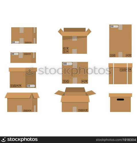 Pile cardboard boxes set. Carton delivery packaging open and closed box with fragile signs. Vector illustration in flat style. Pile cardboard boxes set.