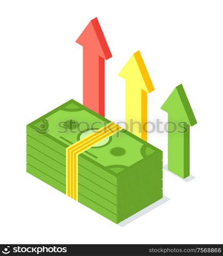 Pile of banknotes vector, American dollars notes and arrows isolated icon. Cash American currency, rich economy, banking investment profit from savings. Pile of Banknotes, American Dollars Notes Arrows