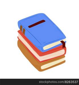 Pile of Book in cartoon style. Education and knowledge. Stack of Closed cover. Modern trendy design. Many object. Details of school and library. Pile of Book in cartoon style.