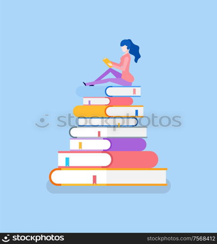 Pile of books and lady sitting on top reading vector. Isolated icons bookworm preparing for exam test in university school. Education self study methods. Pile of Books and Lady Sitting on Top Reading