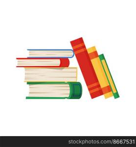 Pile of books in color hardcovers flat cartoon business textbooks, encyclopedias heap. Vector studying and knowledge materials, bestsellers bookstore object. Stack of books school, textbooks, bestsellers heap