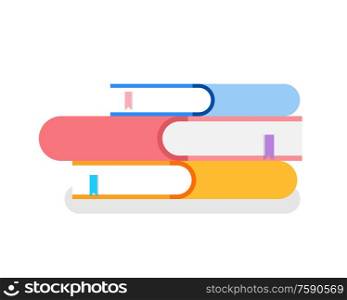 Pile of books in covers with bookmarks isolated icon vector. Isometric 3d signs with printed information, encyclopedia and reference literature closeup. Pile of Books Covers with Bookmarks Isolated Icon