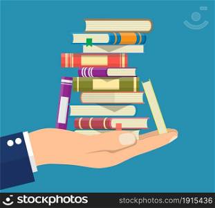 Pile of books in hand. Reading education, e-book, literature, encyclopedia. Vector illustration in flat style. Pile of books in hand.