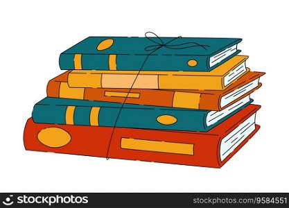 Pile of books tied with robe illustration vector in flat design style. Stack of different books. Pile of books tied with robe illustration vector