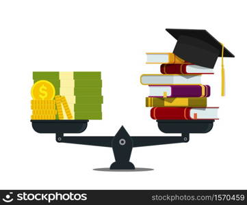 Pile of books with money on scales. Financial investment in knowledge, education concept. Worth of student education. Stack of book, bag of dollar. Financial payment for study of school. flat vector. Pile of books with money on scales. Financial investment in knowledge, education concept. High worth of student education. Stack of book, bag of dollar. Financial payment for study of school. vector