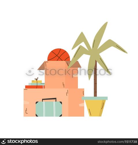 Pile of cardboard boxes, suitcase and other belongings. Relocation, moving concept. Vector illustration. Pile of cardboard boxes, suitcase and other belongings. Relocation, moving concept.