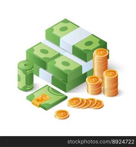 Pile of cash and gold coins heap of dollar bills vector image