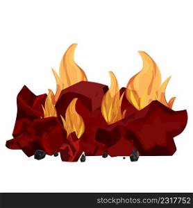 Pile of coal, charcoal burning in flame isolated on white background. Detailed, bright bonfire in cartoon style, clipart or design element. Barbecue, grille fire for Cook. . Vector illustration