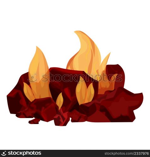Pile of coal, charcoal burning in flame isolated on white background. Detailed, bright bonfire in cartoon style, clip art or design element. Barbecue, grille fire for Cook. . Vector illustration