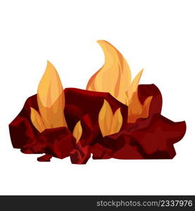 Pile of coal, charcoal burning in flame isolated on white background. Detailed, bright bonfire in cartoon style, clip art or design element. Barbecue, grille fire for Cook. . Vector illustration