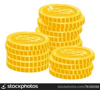 Pile of coins vector, isolated icon of money. Flat style monets business profit gain from project, gold coin, treasure wealth and financial stability, assets. Coins Dollar Money, Profit From Business Vector