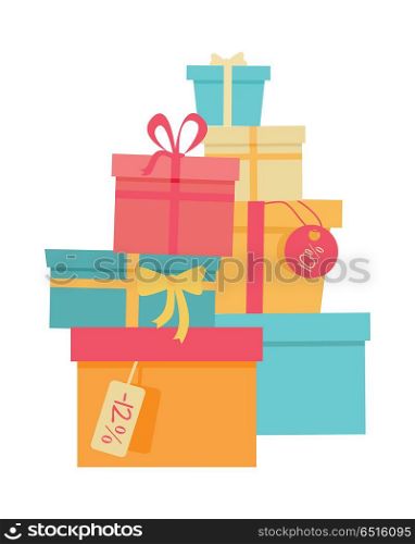 Pile of Colorful Wrapped Gift Boxes.. Big pile of colorful wrapped gift boxes. Mountain gifts sale. Beautiful present box with overwhelming bow. Gift box icon. Gift symbol. Christmas gift box. Isolated vector illustration