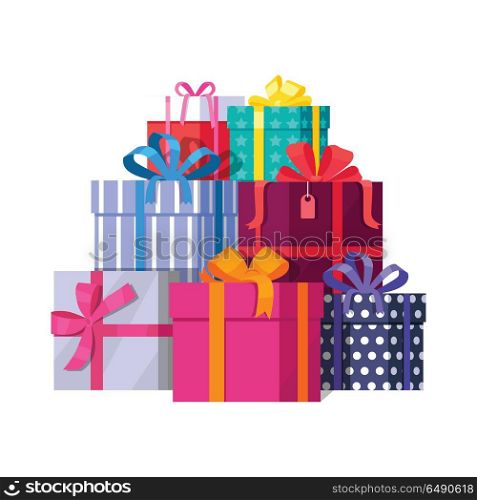 Pile of Colorful Wrapped Gift Boxes.. Big pile of colorful wrapped gift boxes. Mountain gifts. Beautiful present box with overwhelming bow. Gift box icon. Gift symbol. Christmas gift box. Isolated vector illustration
